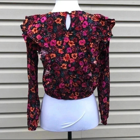 Wild Fable Women's Size Small Black Floral Ruffle Blouse Long Sleeve Cottagecore - Picture 4 of 8